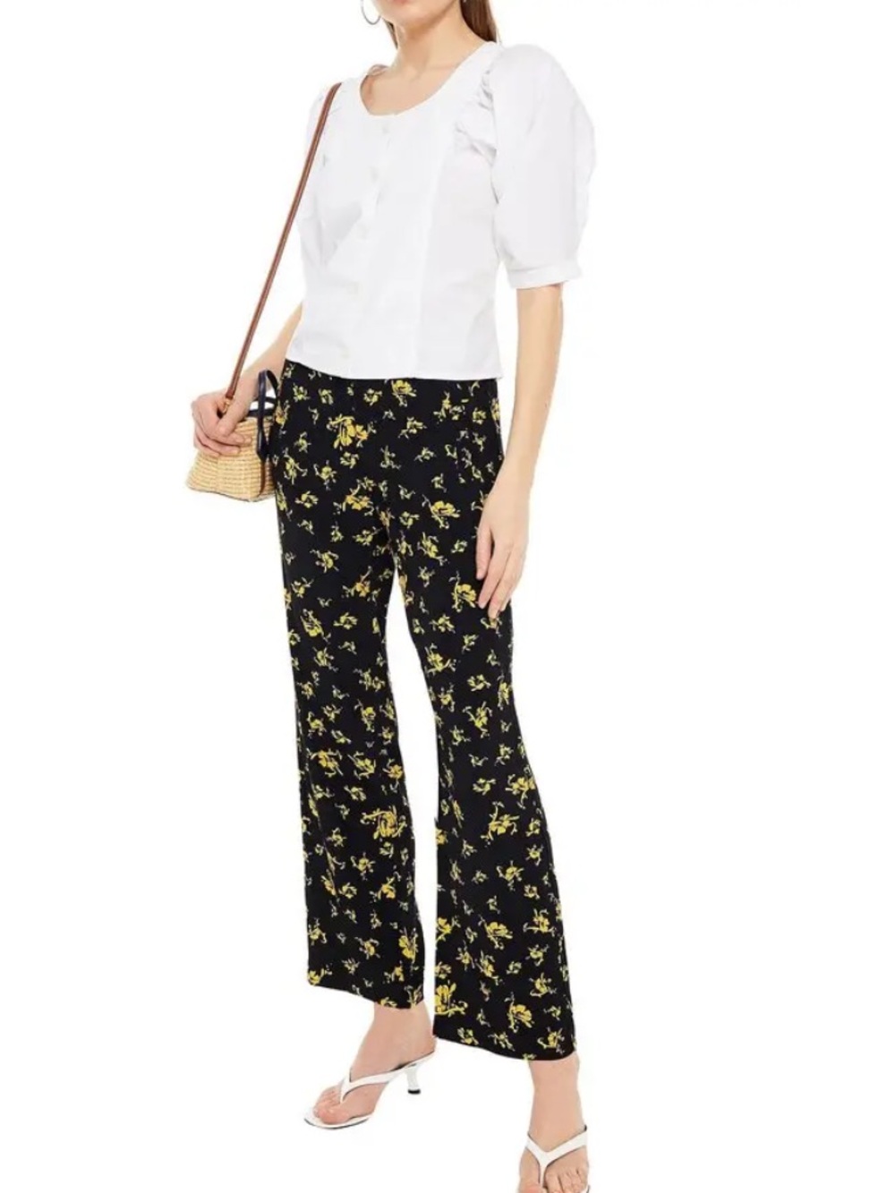 GANNI Floral Print Crepe Straight Leg Pants ‎ Black and Gold size 38